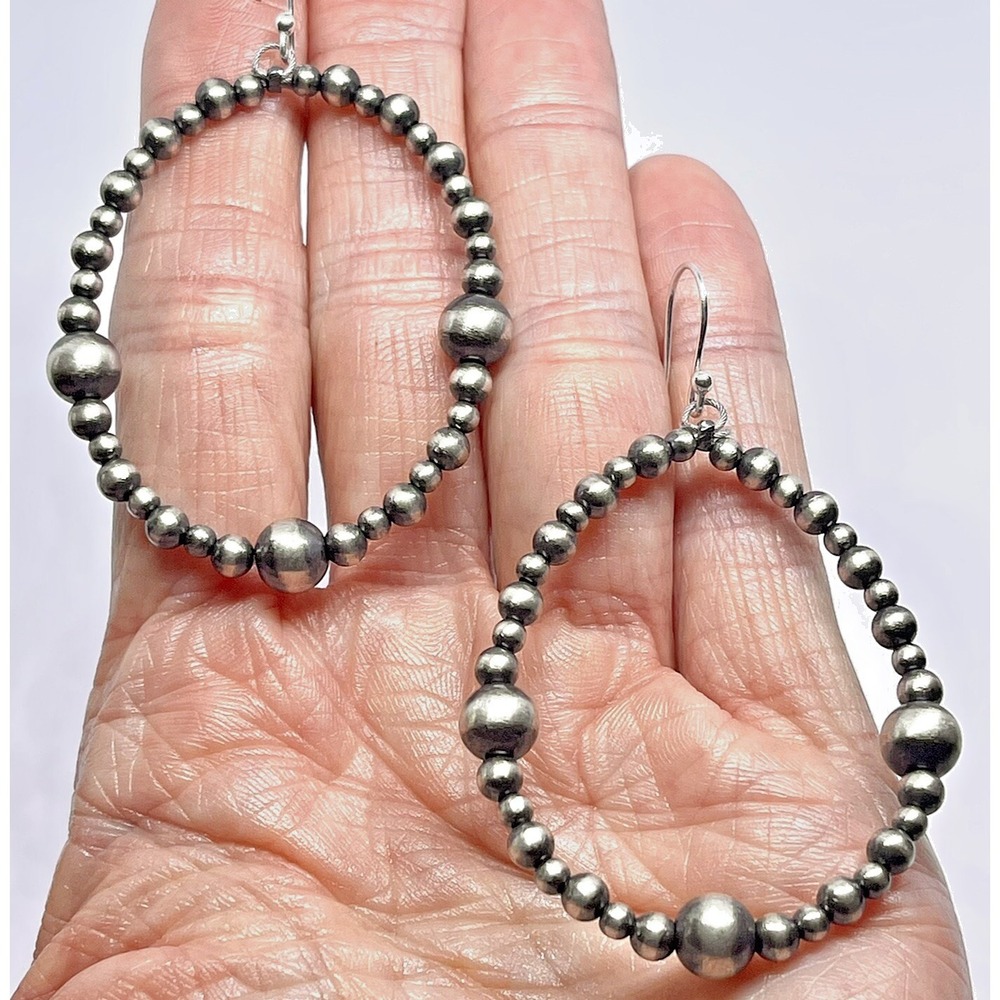 Navajo Pearl Earrings Oval Hoop 2.5in Hook Sterling Big Dangle Satin Matte USA - Picture 1 of 7